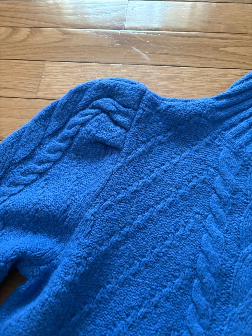 LOFT Bright Blue Cable-Knit Puff Shoulder Mock Neck Sweater - Picture 3 of 9
